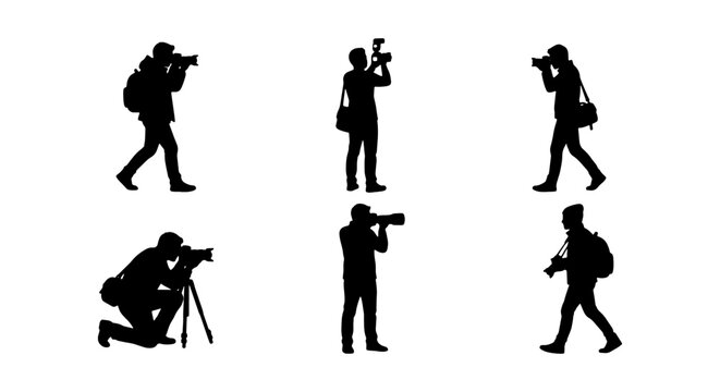 Photographer Silhouettes, Set of 6, Action Poses, Vector Icons for Media and Events