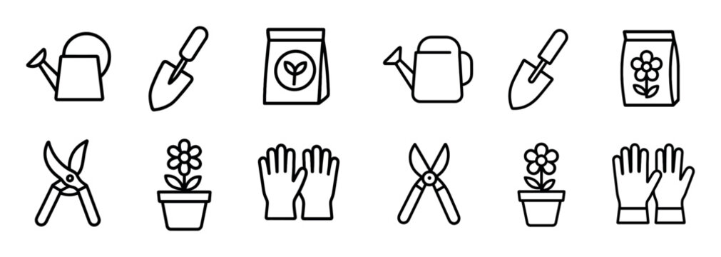 Garden icons with watering can trowel gloves outline