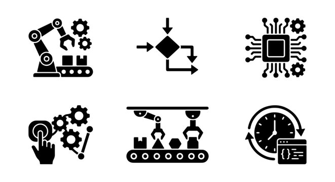 Industrial Automation Icons: Robotics, AI Chip, Workflow, Assembly Line, Coding
