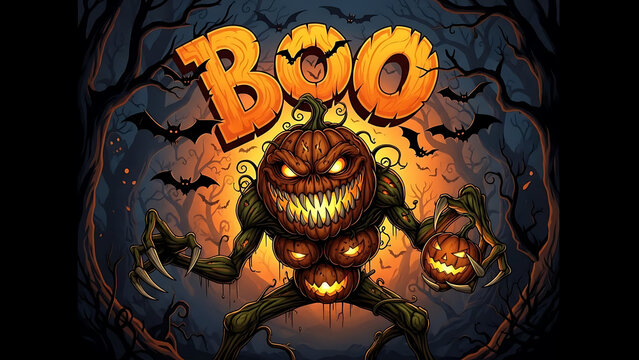 Scary pumpkin monster with the word boo for halloween isolated on a transparent background