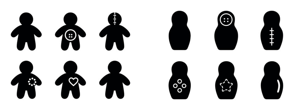 Folk toy icons with doll matryoshka silhouette