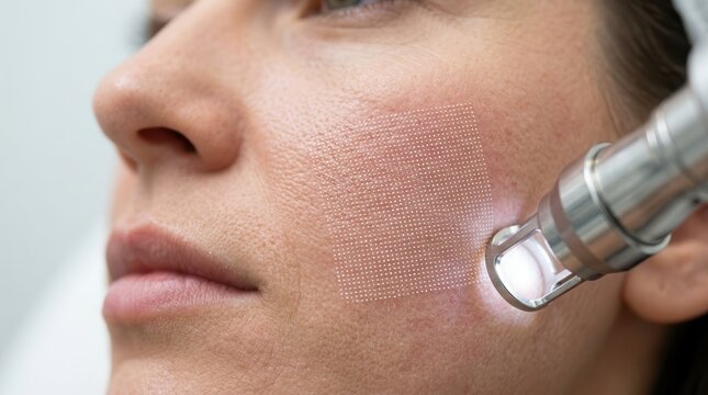Macro view of fractional CO2 laser skin resurfacing pattern on a female cheek.