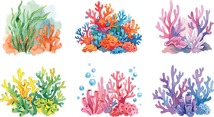 Watercolor coral reef elements collection with colorful underwater sea anemones kelp seaweed and ocean plants aquatic life ecosystems vector illustration © MstHura