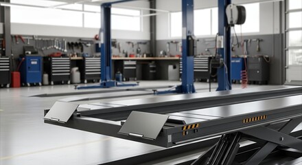 Obraz premium Sleek modern car lift platform in a clean auto repair workshop, ready for service, conveying professionalism and efficiency