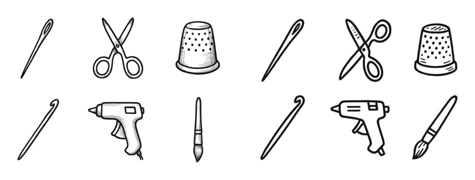 Sewing icons with needle scissors thimble outline style