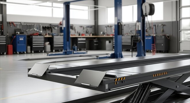 Sleek modern car lift platform in a clean auto repair workshop, ready for service, conveying professionalism and efficiency
