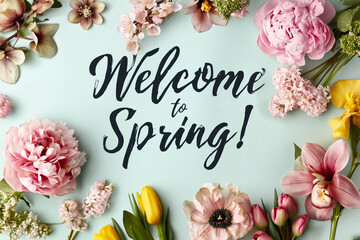 Ciemny, kaligraficzny napis „Welcome to Spring!” na jasnobłękitnym tle, otoczony luźną ramką z pastelowych kwiatów, w tym piwonii, tulipanów i storczyków. © Silent26