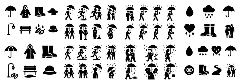 Weather icons with umbrella boots and rain outline