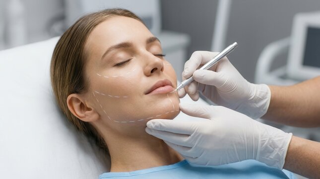 Plastic surgeon marking facial guidelines on a patient's skin with a surgical pen