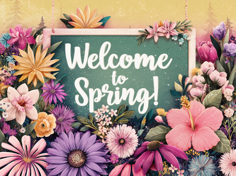 Kolorowy napis &bdquo;Welcome to Spring!&rdquo; na zielonej tablicy otoczonej mn&oacute;stwem kwitnących, wielobarwnych kwiat&oacute;w o uroczej, wiosennej i radosnej estetyce.
