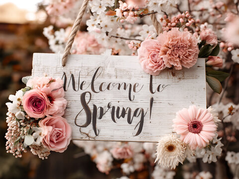 Jasny, drewniany szyld zawieszony na sznurku z napisem &bdquo;Welcome to Spring!&rdquo;, udekorowany delikatnymi r&oacute;żowymi r&oacute;żami i gerberami na tle kwitnącego drzewa.
