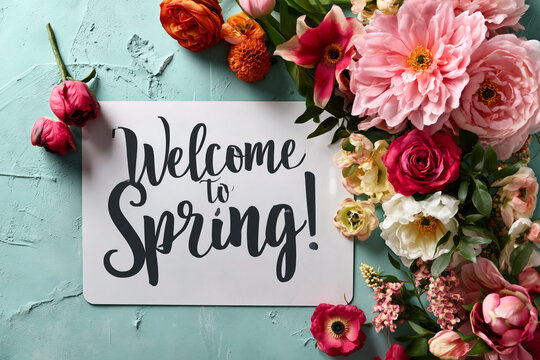 Biała tabliczka z eleganckim napisem &bdquo;Welcome to Spring!&rdquo; otoczona gęstą girlandą kolorowych kwiat&oacute;w, gł&oacute;wnie r&oacute;żowych dalii i r&oacute;ż, na błękitnym tle o ciekawej teksturze.