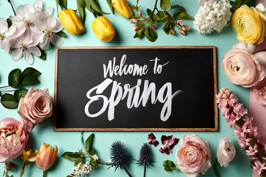 Czarna tablica z kaligraficznym napisem &bdquo;Welcome to Spring&rdquo;, otoczona bogatą kompozycją wiosennych kwiat&oacute;w, w tym tulipan&oacute;w i jaskr&oacute;w, na jasnoturkusowym tle.