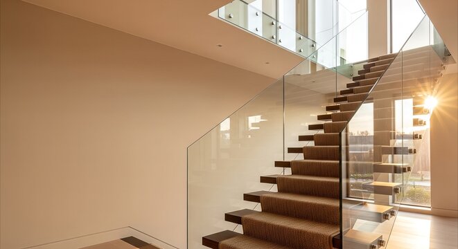 Modern glass staircase with carpeted treads bathed in golden hour light, elegant interior design with ample copy space