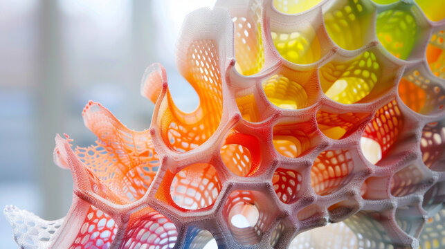 In another closeup a 3D printer is spitting out vibrant intricate pieces that will eventually be assembled into a massive building. This technique allows architects to push