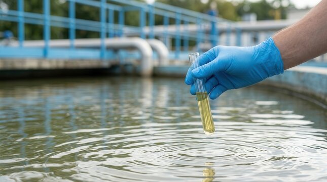 A sewage treatment plant operator testing a water sample for quality control.