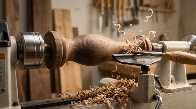 A woodturner shapes an elegant spindle on a lathe machine with walnut wood.