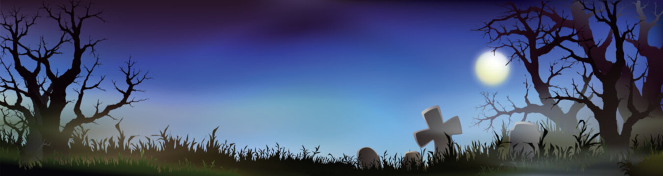 Halloween  banner background.Graveyard and broken trees.
