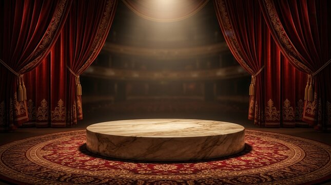 Luxurious Persian carpet with an intricate pattern on a stage with rich curtains and warm lighting.