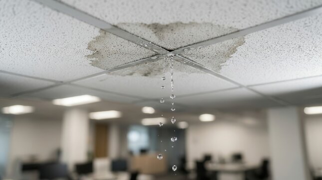 Water leaking from a ceiling in a modern office interior.