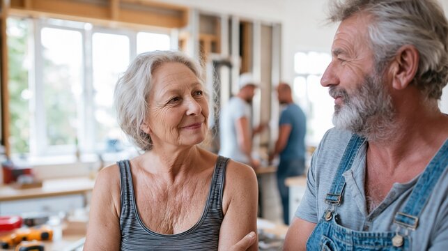 Focused senior couple sharing a quiet moment while installers work on larger windows in their renovated kitchen the background out of focus creating cozy authentic vibes.
