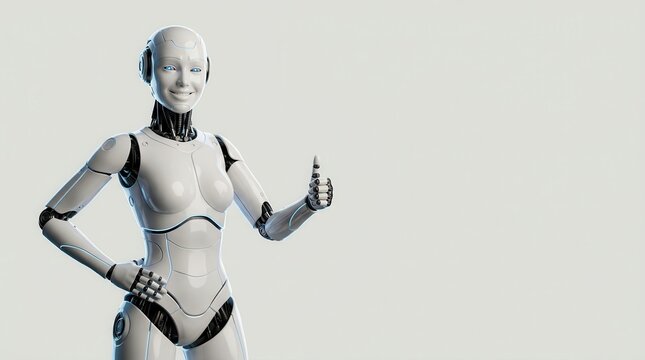 Female humanoid robot giving a thumbs up with copy space for text.
