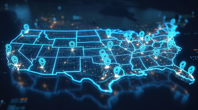 Digital map of the United States featuring glowing location pins for geolocation tracking and logistics networks.