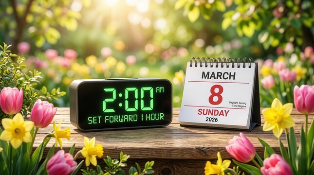 Digital clock showing 2:00 AM and calendar for Daylight Saving Time begins Daylight Saving Time concept with a digital clock set forward one hour and a March 8 Sunday calendar.