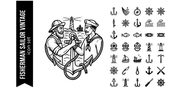 Fisherman Sailor Vintage Black White-Anchor Rope Ocean Horizon-Sea Labor Vector-Sailor Icon Vintage-Humanity Design Set