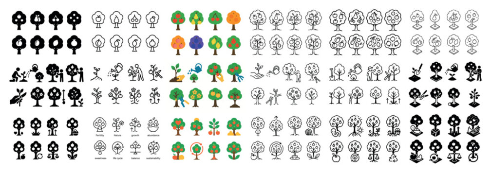 Nature icons with tree leaf park colorful flat