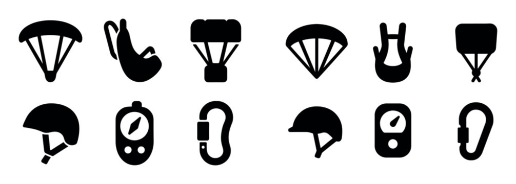 Adventure icons with parachute helmet harness silhouette