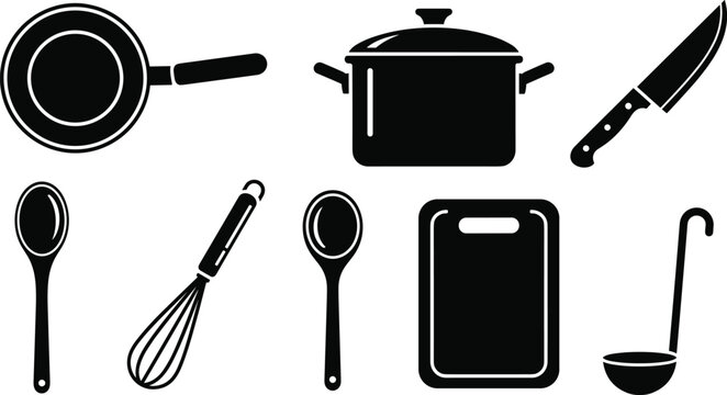 Kitchen Utensils Icon Set Featuring Frying Pan, Cooking Pot, Knife, Spoon, Whisk, Cutting Board, and Ladle for Apps, Websites, and Digital Designs
