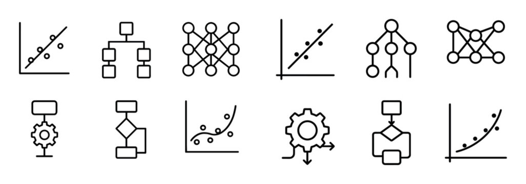 Analytics icons with charts nodes flow outline