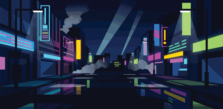 Wet asphalt, reflection of neon lights, a searchlight, smoke. Abstract light in a dark empty street with smoke, smog. Dark background scene of empty street, night view, night city.