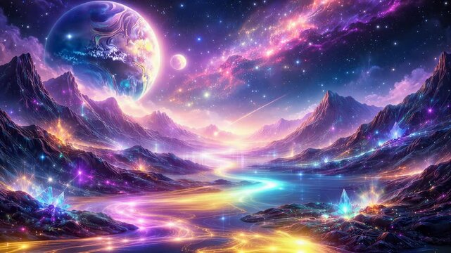 Vibrant alien planetary landscape with glowing crystalline river and reflective lake beneath twin moons, radiant nebula clouds and a star-filled galaxy horizon in luminous hues