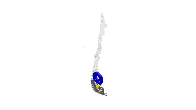 Location Magallanes Region on map Chile. 3d Magallanes  emblem map marker location pin. Map of Chile showing different parts. 4K.  Animated Video