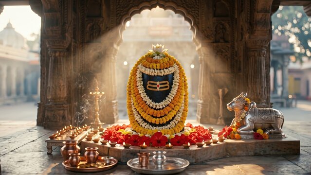 Decorated Mahakaleshwar Shivling with Flowers and Diyas &ndash; Shravan Festival