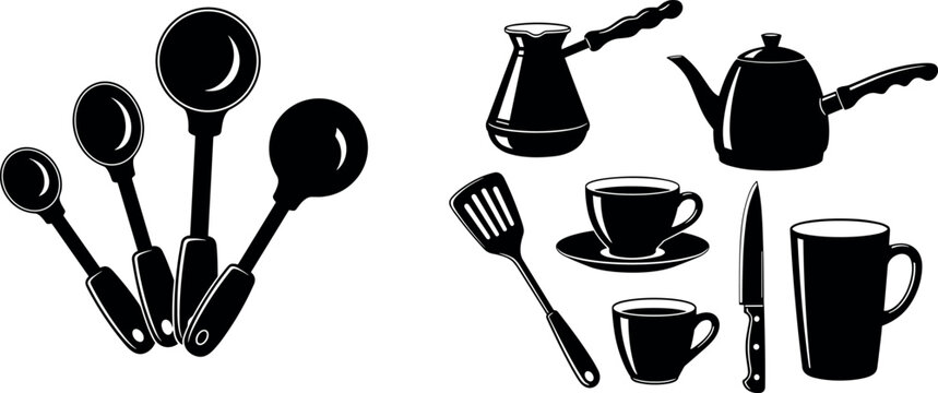 Coffee and Tea Preparation Vector Set with Measuring Spoons, Cezve, Kettle, Cups, Mug, Spatula, and Knife Silhouette Icons for Cafe and Kitchen Designs