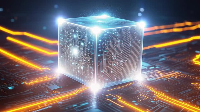 Glowing holographic security cube with padlock icon over an illuminated circuit board, symbolizing cybersecurity, encryption, data protection, network integrity and digital defense