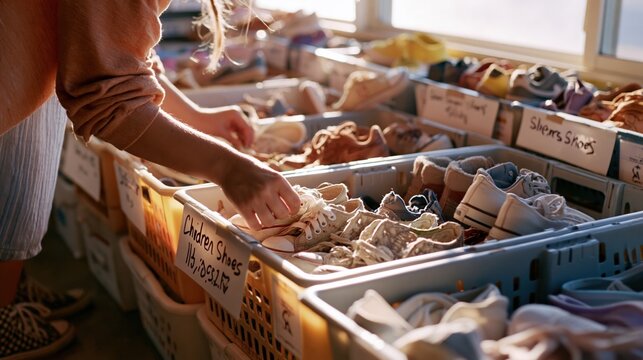 Focused medium shot of volunteer sorting childrens shoes into reusable bins under soft natural light capturing authentic thrift store atmosphere and handwritten labels.