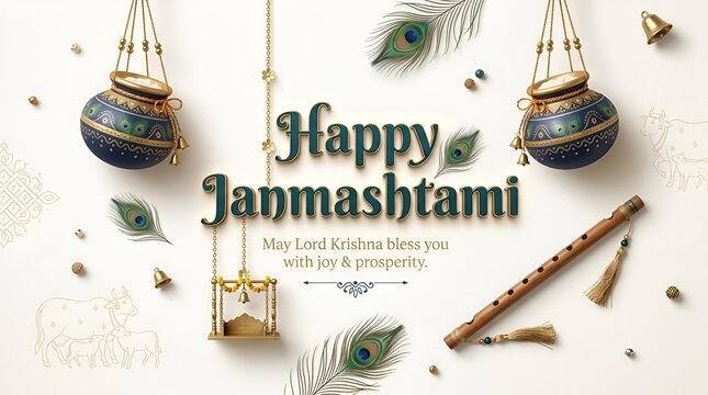 3D Happy Janmashtami premium typography banner with blue and gold ornate clay pots hanging dahi handi and traditional line art