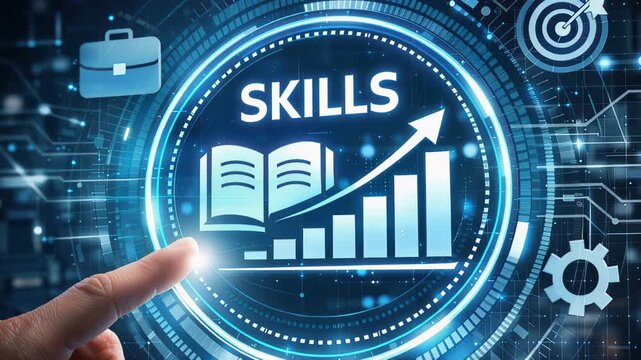 Finger interacting with a futuristic digital interface displaying SKILLS above an open book and upward bar graph, symbolizing career development, growth and learning