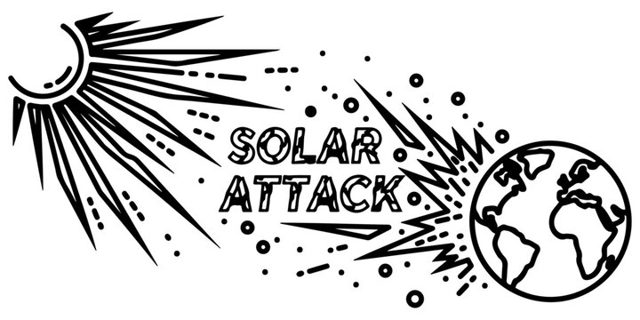 Solar flare attack on planet earth vector illustration with a massive solar storm CME impacting the globe. 