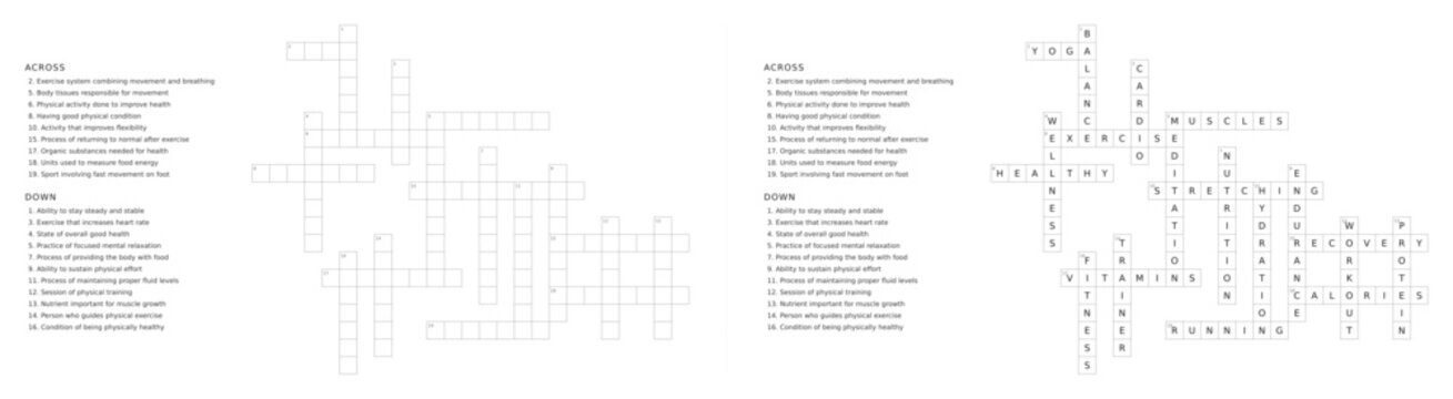 Health and fitness crossword puzzle game with clues and solution