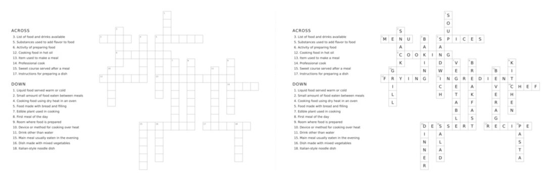 Food and cooking crossword puzzle game with clues and solution