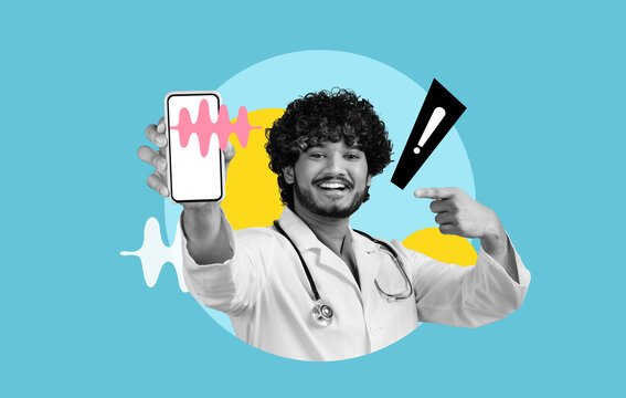 A health professional smiles while holding a smartphone with a health app displayed. He points to the screen, showing interest and engagement. The background features colorful graphics.
