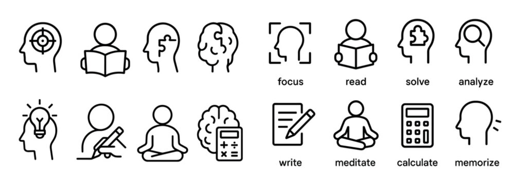 Learning icons with brain book person outline