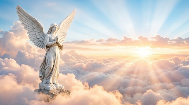 A tall angel statue stands on a cloud, hands clasped in front. Sunlight shines through the clouds as dawn arrives. The sky is bright and filled with soft colors