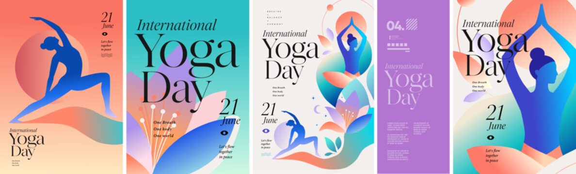 International Yoga Day. Vector gradient abstract illustration of a woman silhouette in a yoga pose, pastel gradients, floral elements, mindfulness theme, wellness typography, and meditation design for