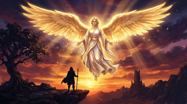 An angel with large wings hovers in the sky above a person standing on a mountain. The scene is at sunset, with a castle visible in the background and warm colors in the sky